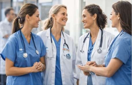 A team of nurses talking together